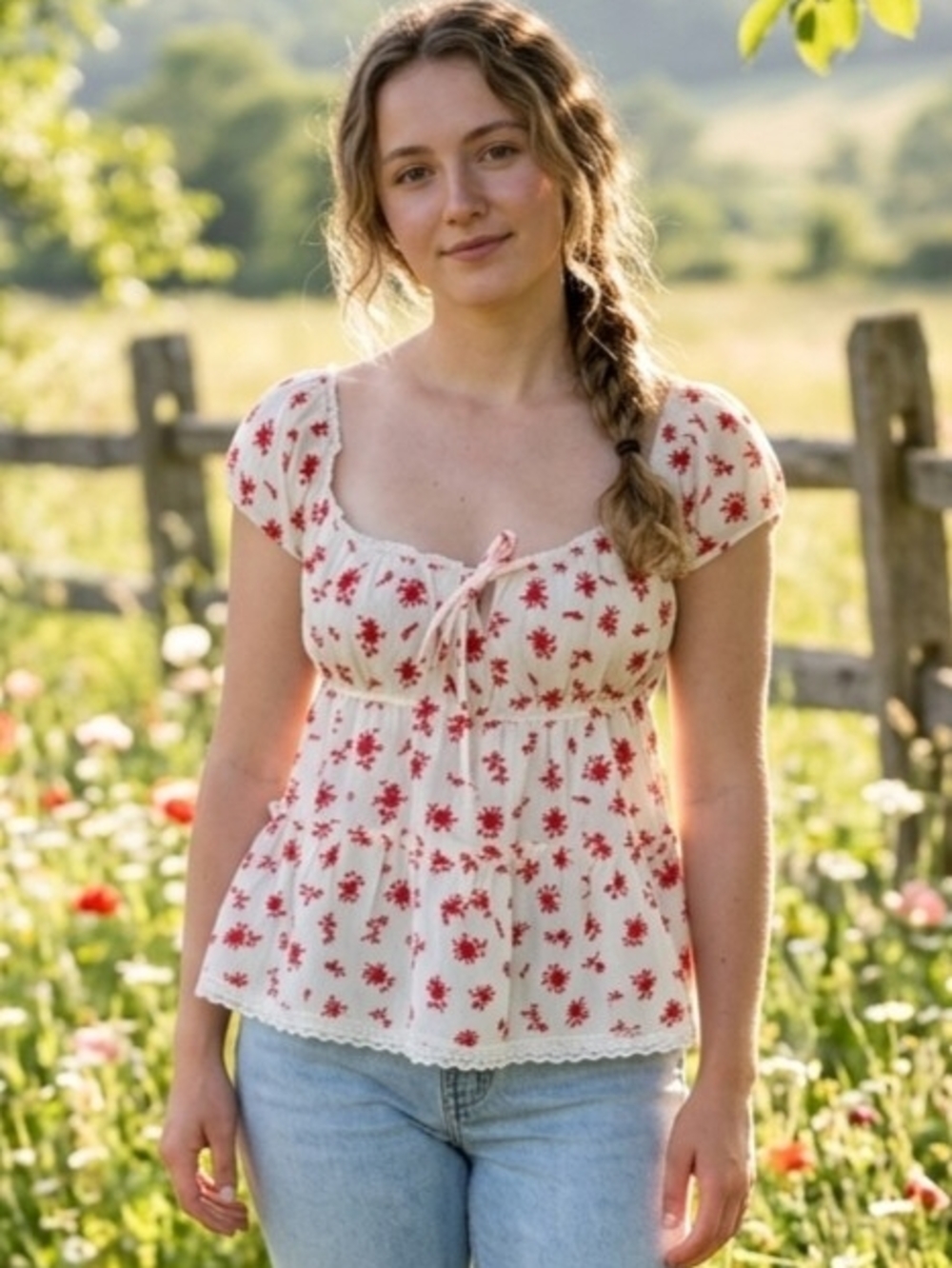 Cream Floral Tie-Front Peplum Blouse with Red Print